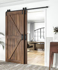 Heavy Duty Sliding Barn Door Hardware Kit With Single Track Bypass For Double Doors, Flat Black 183Cm Track, 6 Ft Length