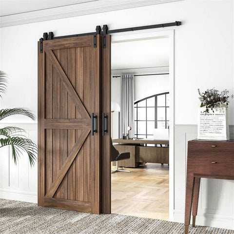 Heavy Duty Sliding Barn Door Hardware Kit With Single Track Bypass For Double Doors, Flat Black 183Cm Track, 6 Ft Length