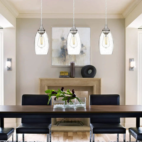 One Light Indoor Mini Hanging Pendant Lamps Set For Kitchen Island And Bar Handcrafted Glass Chandelier Shades In Seeded Clear Glass With Black Brushed Nickel Finish Perfect For Dining Room Breakfast Bar And Countertop Setup 3 Pack