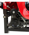 Close-up of 8 Inch PTO Wood Chipper With Hydraulic Infeed Red Heavy Duty Yard Debris Chipping Machine showing metal components