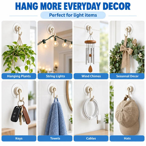 Eight Pack Of Solid White Adhesive Ceiling And Wall Hooks Delivers Zero Sweat Damage Free Mounting for hanging plants, lights, and seasonal decor.