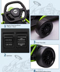 24V Electric Go Kart For Kids With Dual 300W Motors, 9Ah Battery, 8.1 MPH Speed, Full Metal Frame, Nylon Drifting Wheels, 155 Lbs Max Load, Horn And Music, Green, featuring square steering wheel, switches, front EVA tires, and rear nylon drifting wheels.