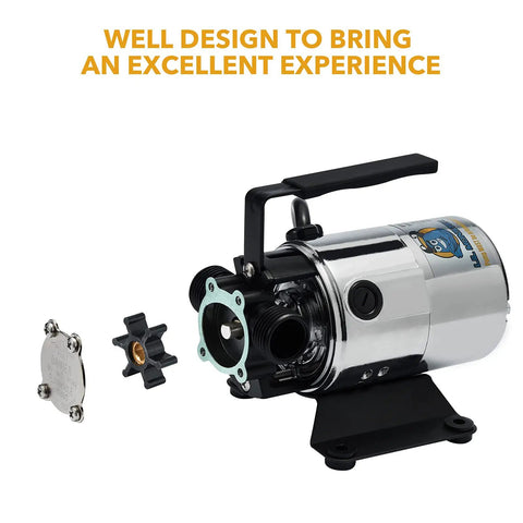 Self Priming Portable Electric Water Transfer Pump 115V 330GPH with Suction Hose Kit, showing stainless steel pump body