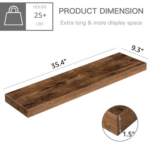 Floating Wall Shelves Set of 2, Extra Long 35.4 Inch Wide by 9.3 Inch Deep, 1.5 Inch Thick MDF Rustic Brown with Steel Brackets Dimensions
