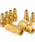 Eight-piece brass air hose fittings and quick-connect couplers set, 1/4 in, for air compressors.