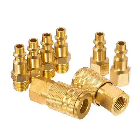 Eight-piece brass air hose fittings and quick-connect couplers set, 1/4 in, for air compressors.