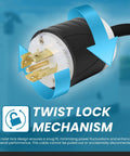 Close-up of Nema L21-20 Extension Power Cord 20 Amp 100 Feet Heavy Duty Rugged Power Cable twist lock mechanism.