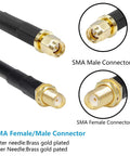 Close-up of SMA Male to SMA Female connectors with brass gold plating on coax cables for SDR, GPS, ham radio antenna setups.