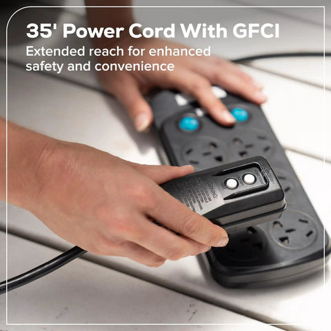Person plugging Ultra Compact 1700 PSI 1.2 GPM Pressure Washer power cord with GFCI into an outlet for home cleaning.