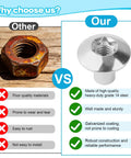 Comparison of a rusty nut and a shiny T55 Torx Domed Head Barrel Nut from the Rock Solid 5/16 Inch Zinc Plated Steel 20 Pack.