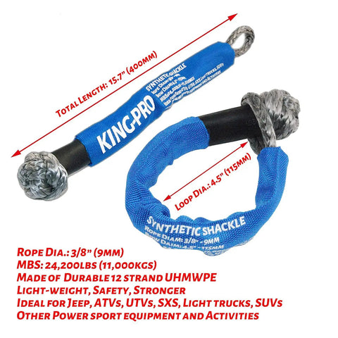 2 Pack Three Eighths Inch Sixteen Inch Synthetic Recovery Shackle With Protective Sleeves, 24,200 Lbs Breaking Strength, Blue Gray
