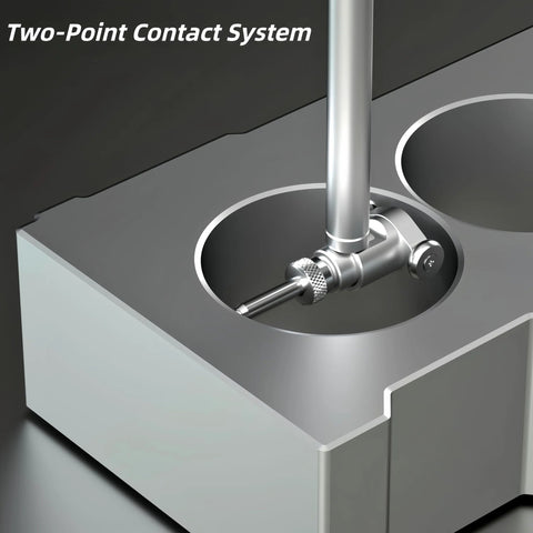 Dial bore gauge with self-centering dial indicator inserted into a metal bore.