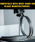 Image shows a 131 And A Half Inch Carbide Tipped Resaw Bandsaw Blade Three Quarter Inch Wide Two TPI 0.032 Inch Gauge in a bandsaw.