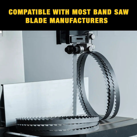 Image shows a 131 And A Half Inch Carbide Tipped Resaw Bandsaw Blade Three Quarter Inch Wide Two TPI 0.032 Inch Gauge in a bandsaw.