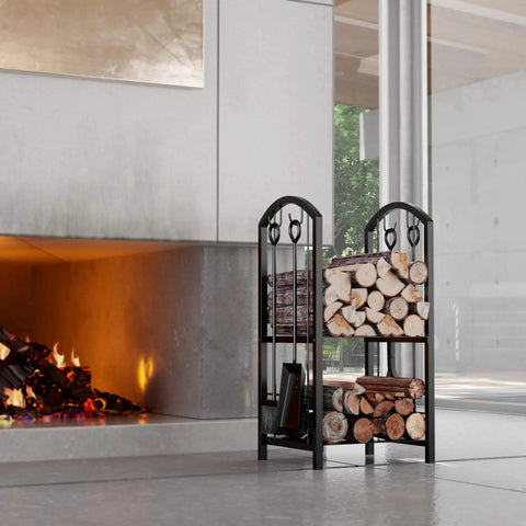 Five Piece Firewood Log Rack And Tools Set For Fireplace And Fireside Use Black Storage Holder for Logs next to modern fireplace.