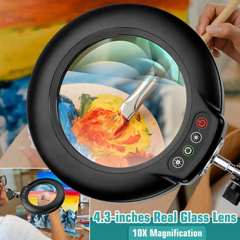 10X Real Glass Magnifying Glass With Light And Stand, 4.3 Inch Lens, showing painting in use, buttons visible, hands-free design