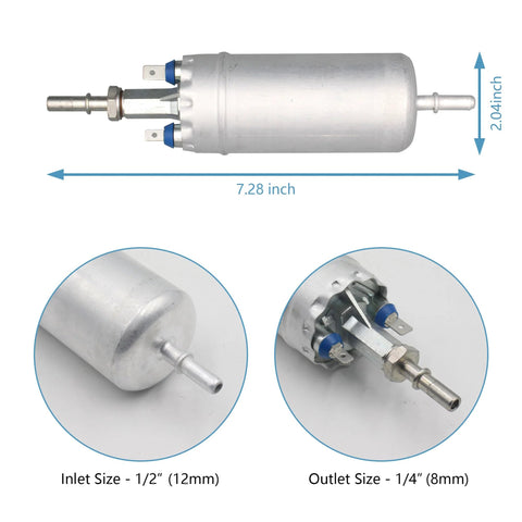 High Pressure Frame Mount Electric Diesel Fuel Pump For Ford F250 F350 Powerstroke 7.3L 1998 2003 Drop-In Replacement Interchange 0580464074 showing dimensions and inlet/outlet sizes