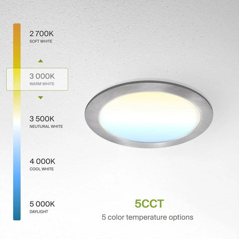 Six Inch LED Recessed Light Kit 15W With Five CCTs 2700K To 5000K Dimmable IC Rated Ultra Thin Canless Wafer Downlight color options