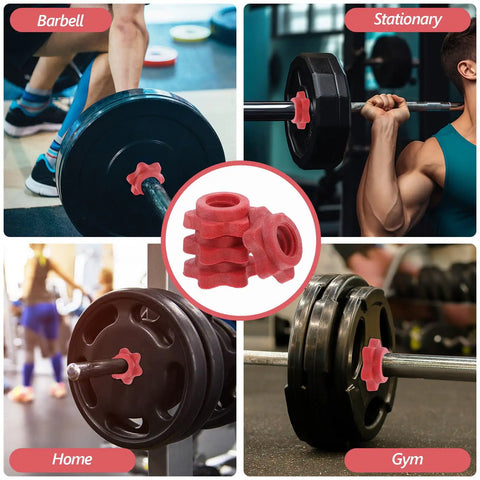 Red Plastic Barbell Self Locking Nuts 4 Pack clasp design shown on barbells in gym and home settings