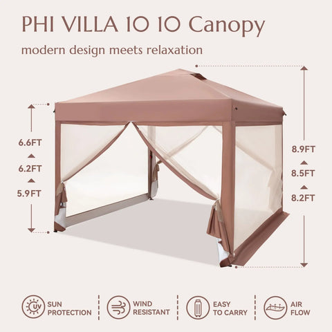 10x10 Pop Up Canopy Tent With Netting Quick Setup Instant Gazebo Shelter EZ Up Screen House With Carry Bag Height Adjustable For Outdoor Patio Garden Use Brown