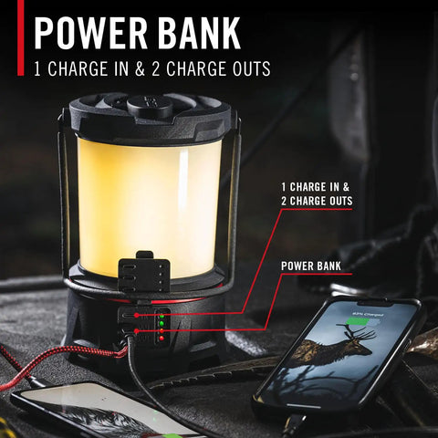 Rechargeable Emergency Camping Lantern With 2500 Lumens Beast Mode Brightness And USB C Power Bank in use with phones charging
