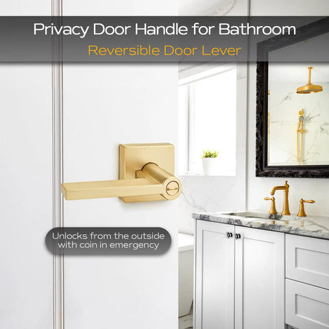 Heavy Duty Gold Door Handles Set With Privacy Lock For Bedroom And Bathroom Zinc Alloy Satin Brass Door Levers shown in bathroom