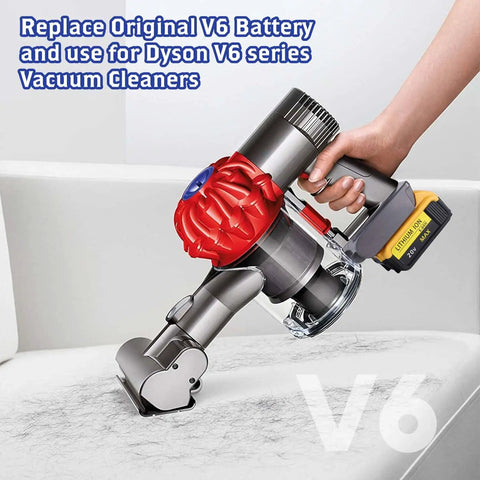 Dyson V6 Vacuum Converter Adapter From Dewalt 20V Max Battery Lets You Power Up Dyson V6 shown on a handheld vacuum on a couch