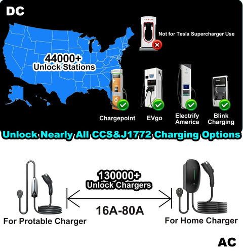 High End 2 In 1 Ccs To Nacs And J1772 To Tesla Adapter Pulls 250 Kw Fast Charges, showing charging options and map for EV networks.