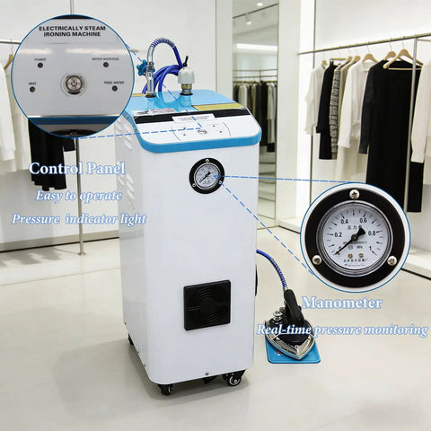 Pro Grade Industrial Steam Generator Boiler With 7 Liter Tank And 3.5 Kilowatt Motor showing control panel and manometer for dry cleaning.