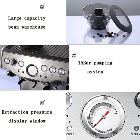 Semi Automatic Espresso Machine With 15 Bar Pressure, Built In Grinder, Milk Frother Steam Wand features display and components