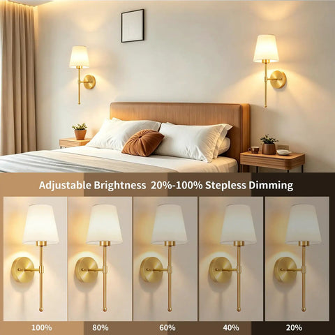 No Strings Attached Battery Wall Sconces Set Of Two Rechargeable Wireless Indoor Lights Cordless Modern Hallway Lamps. Adjustable brightness in bedroom setting.