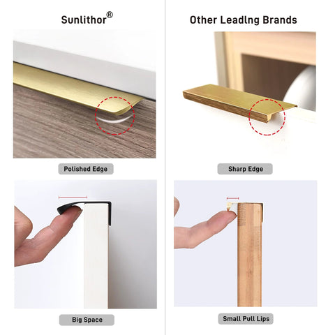 Comparison of Edge Finger Pulls for Cabinets and other brands showing polished edges and larger space for easy use