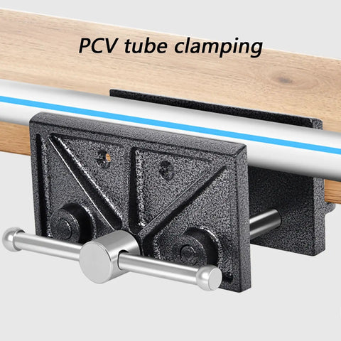 Heavy Duty Woodworker Vice Bench Clamp With Smooth Gliding Rails For Precise Clamping Tasks And Rock Solid Desktop Workbench Holding Power, close-up of clamping mechanism.
