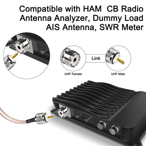 UHF Male To Dual UHF Female Splitter Cable PL 259 To SO239 Coax RG316 connected to a radio showing compatibility with CB and SWR Meter.