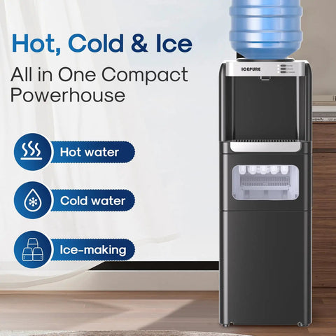 Water Cooler Dispenser With Built In Ice Maker And Bullet Ice Hot And Cold Water Quick Ice In Minutes Up To 33 Lbs Per Day Top Loading With Child Lock Durable Stainless Finish For Home And Office Use shown with water bottle on top