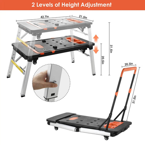 All In One Portable Workstation With Power Outlet And Adjustable 20.5 To 31.5 Inch Folding Workbench Table On Wheels