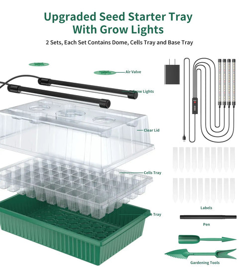 Image of 120 Cell Seed Starter Trays With Built In Grow Light Kit 2 Pack Reusable Seedling Trays With Air Vent Humidity Domes for indoor gardening.