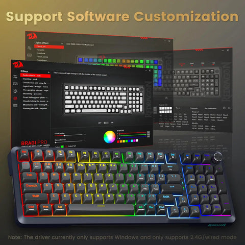 Sick Tri Mode Wireless Gaming Keyboard With Gasket Mount Mechanical Structure Hot Swappable Switches Eight Thousand Mah Battery Damped Creamy Sound Dial Knob Full Rgb Ninety Eight Layout For Beat Desktop Rig displayed with software customization features on screen.