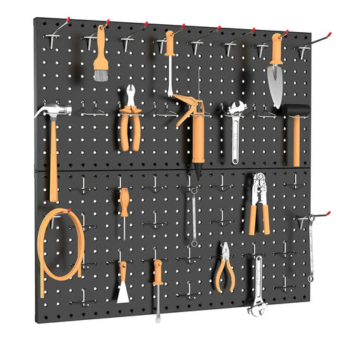 Heavy Duty Metal Pegboard Wall Organizer for Garage and Workshop 24 By 24 Inch Or 12 By 48 Inch Panels 70 Piece Tool Storage Pegboard Set With Hooks for Workbench Black displaying various hand tools.