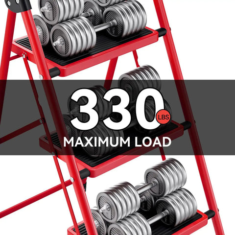 Lightweight 3 Step Folding Ladder With Non Slip Wide Pedals And Handy Handle Beefy Heavy Duty Steel Build Red Finish 333 Lb Capacity