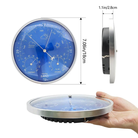 Front and side view of All In One Indoor Weather Station With Wall Mount Barometer Thermometer Hygrometer Aluminum Alloy Frame 6.9 Inch Dial.