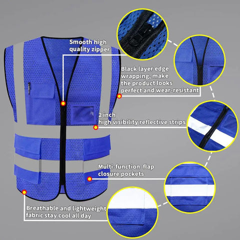 Straight Up Real Deal High Visibility Mesh Safety Vest With Reflective Strips Full Zipper Closure showing high-quality zipper and side pockets.
