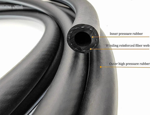 Close up of 8mm hose with inner pressure rubber, reinforced fiber, outer high pressure rubber for 12V Inline Fuel Pump Kit