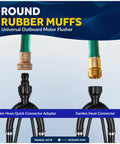Outboard Motor Flusher And Gear Oil Pump Set With Dual Feed Rectangular Muffs on display with garden hose adapters