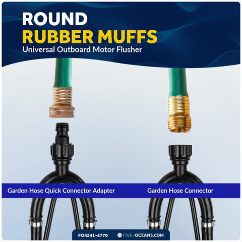 Outboard Motor Flusher And Gear Oil Pump Set With Dual Feed Rectangular Muffs on display with garden hose adapters