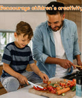 8-piece kids wooden kitchen knife set in use on cutting board with vegetables