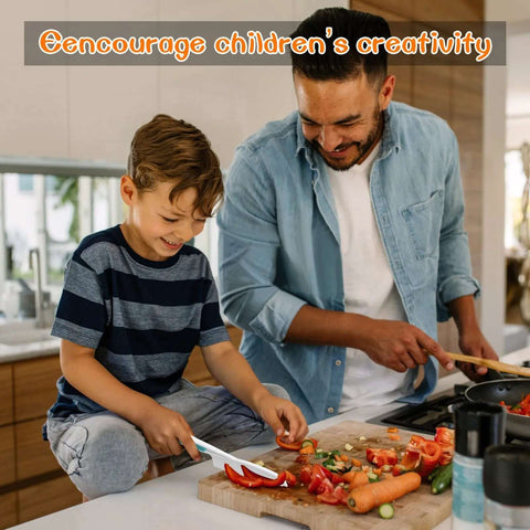 8-piece kids wooden kitchen knife set in use on cutting board with vegetables