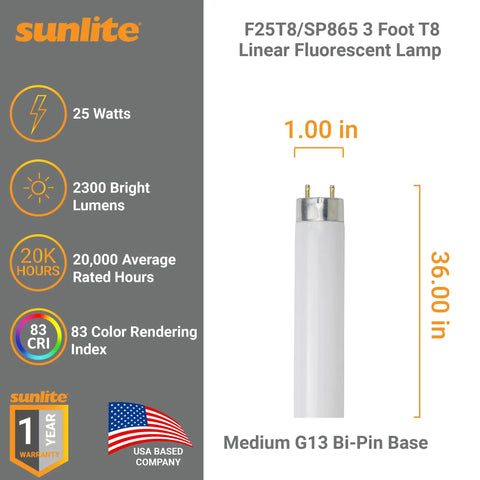 3 Foot T8 Fluorescent Lamp 25W 2300 Lumens 6500K Daylight with Medium G13 Bi Pin Base High Performance Straight Tube 30 Pack