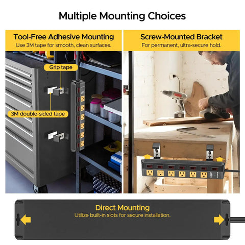 Multiple mounting choices for Heavy Duty Metal Power Strip With 6 Individually Switched Outlets, wall mount in garage or workshop