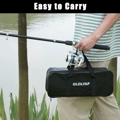 Person holding 6.9ft Telescopic Fishing Pole And Reel Kit with carrier bag in front of pond